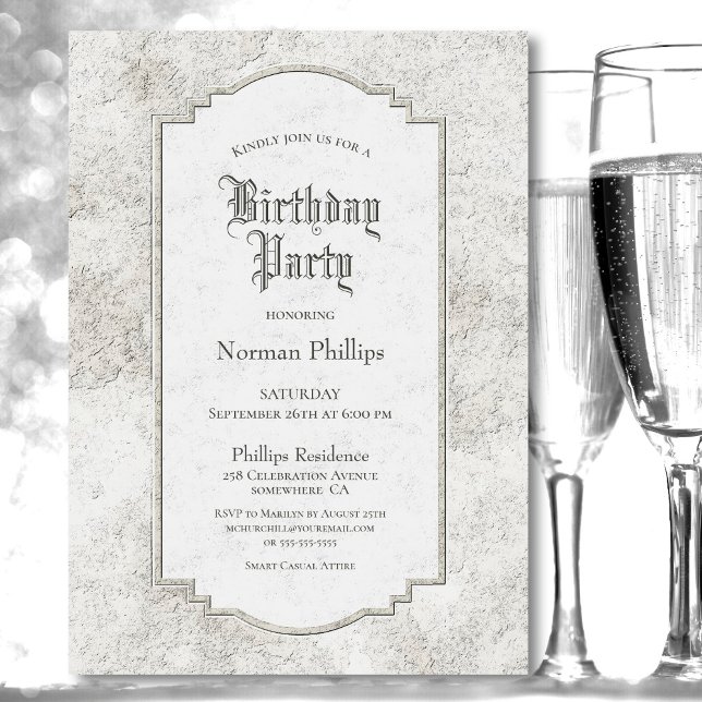 Rustic Pale Grey Carved Stone Birthday Party Invitation (Creator Uploaded)