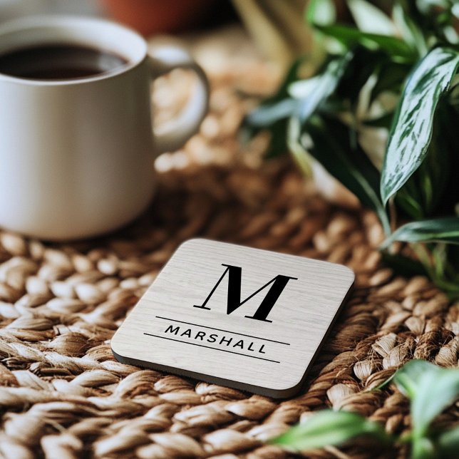 Rustic Pale Wood Serif Monogram Name Coaster (Creator Uploaded)