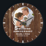 Rustic Pallet Wood 5th Wedding Anniversary Photo   Large Clock<br><div class="desc">Commemorate 5 years together with this rustic pallet wood clock,  personalised with your special photo. The rich wood grain background adds warmth and charm,  making it a meaningful keepsake for celebrating 5 years of love.</div>