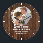 Rustic Pallet Wood 5th Wedding Anniversary Photo   Large Clock<br><div class="desc">Commemorate 5 years together with this rustic pallet wood clock,  personalised with your special photo. The rich wood grain background adds warmth and charm,  making it a meaningful keepsake for celebrating 5 years of love.</div>