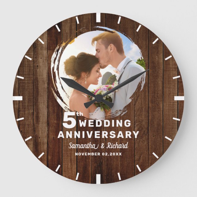 Rustic Pallet Wood 5th Wedding Anniversary Photo   Large Clock (Front)