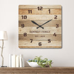 Rustic Pallet Wood Family Name Farmhouse Square Wall Clock<br><div class="desc">Simple rustic wood farmhouse wall clock personalised with family name and established year. Makes a thoughtful gift for housewarming, holidays and weddings.</div>