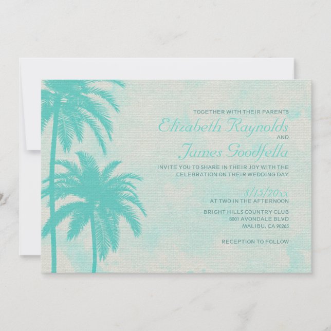Rustic Palm Tree Burlap Wedding Invitations (Front)