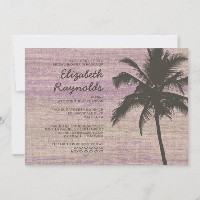 Rustic Palm Trees Burlap Bridal Shower Invitations (Front)