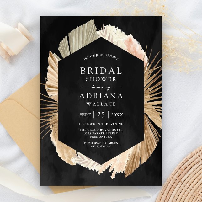Rustic Pampas Dried Palm Black Bridal Shower Invitation (Creator Uploaded)