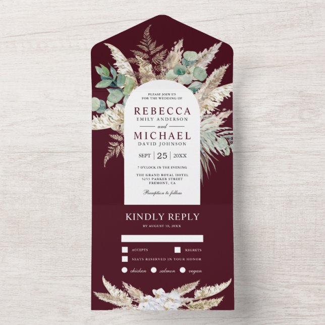 Rustic Pampas Eucalyptus Arch Burgundy Wedding All In One Invitation (Inside)