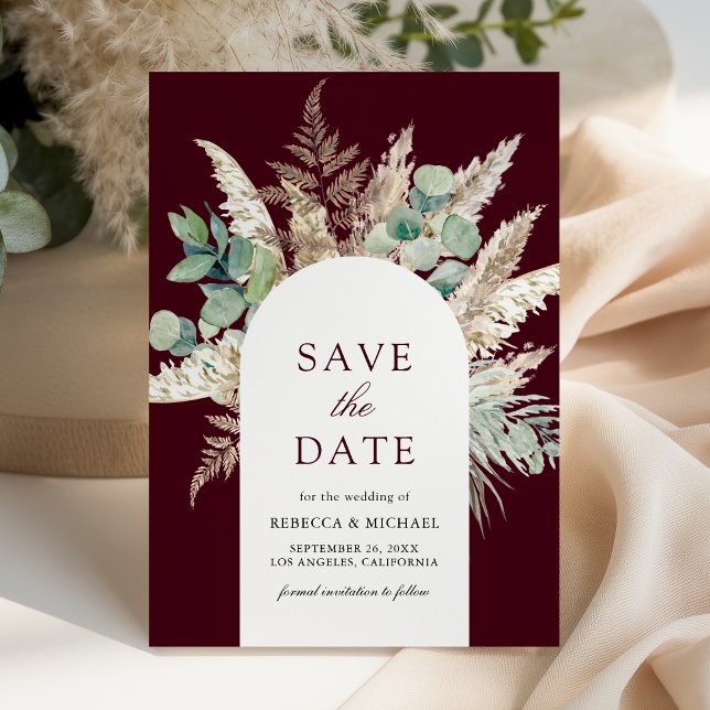 Rustic Pampas Eucalyptus Arch Burgundy Wedding Save The Date (Creator Uploaded)