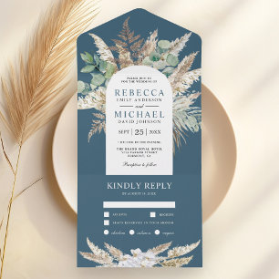 Rustic Pampas Eucalyptus Arch Dusty Blue Wedding All In One Invitation