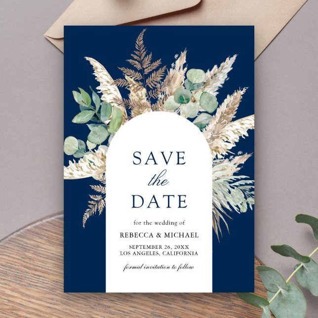 Rustic Pampas Eucalyptus Arch Navy Blue Wedding Save The Date (Creator Uploaded)