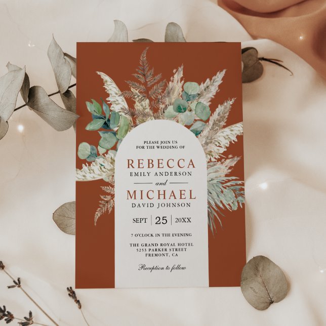 Rustic Pampas Eucalyptus Arch Terracotta Wedding Invitation (Creator Uploaded)