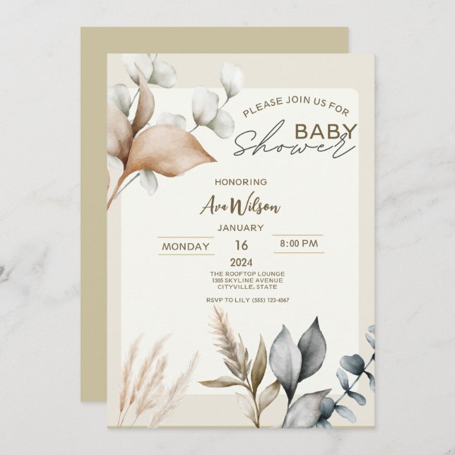 Rustic Pampas Grass Boho baby shower Invitation (Front/Back)