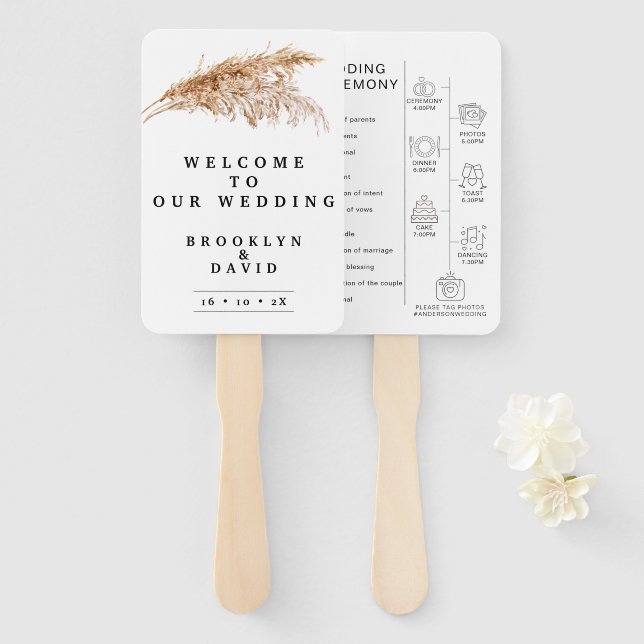 Rustic Pampas Grass Pictograms Wedding Program  Hand Fan (Front and Back)