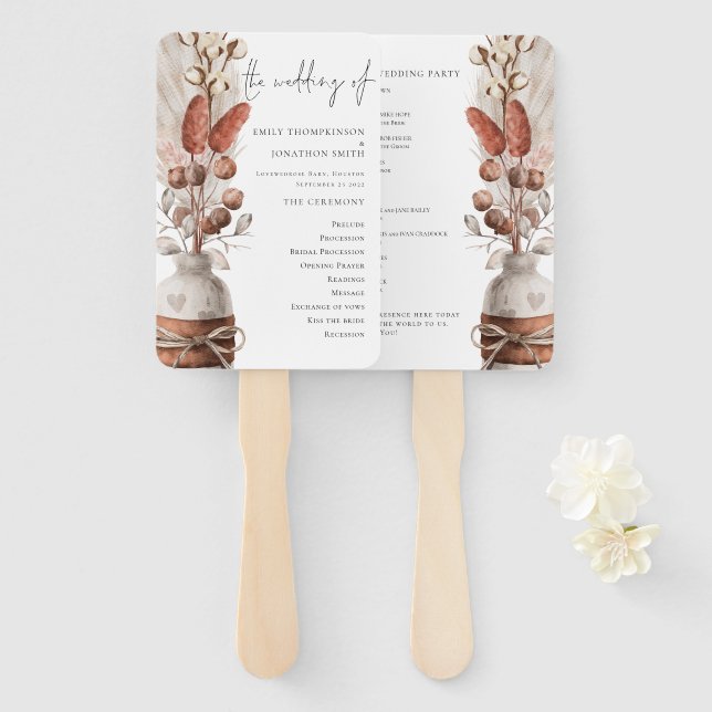 Rustic Pampas Grass Wedding Program Hand Fan (Front and Back)
