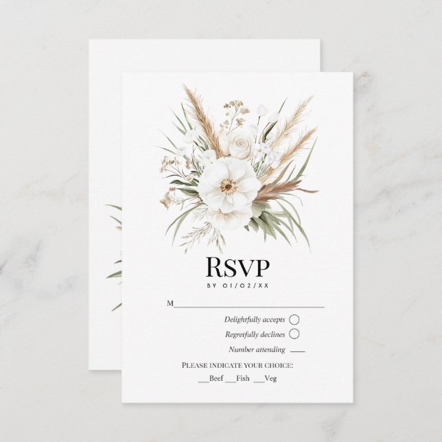 Rustic Pampas Grass White Floral Bohemian Wedding RSVP Card (Front/Back)
