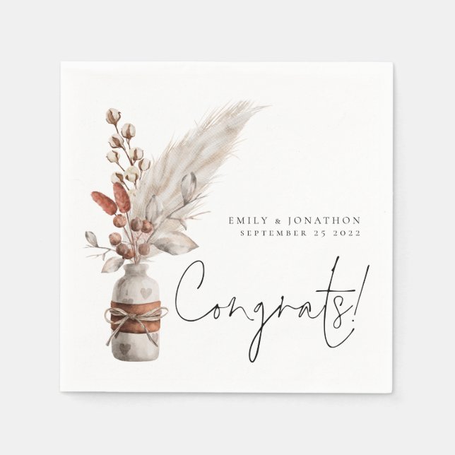 Rustic Pampas Grasses Names Congrats Wedding Napkin (Front)