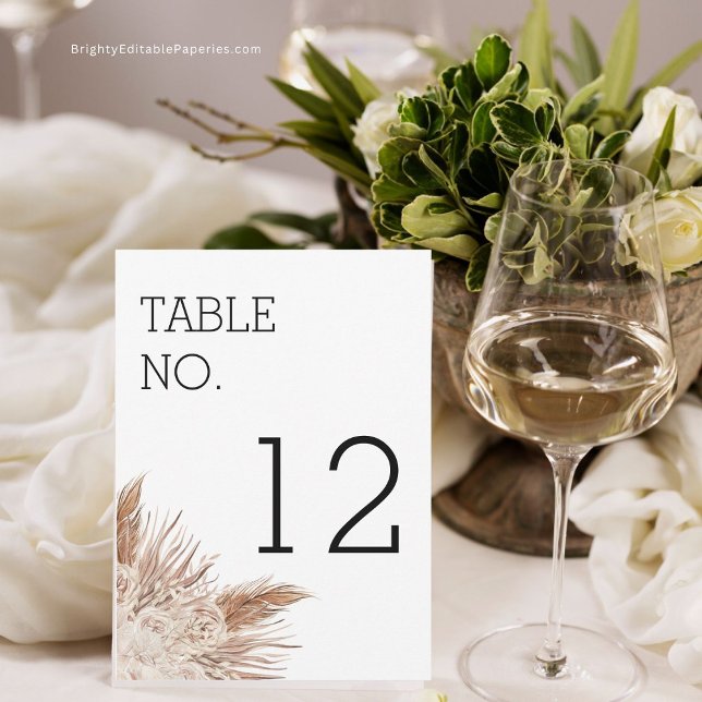 Rustic Pampas Modern Wedding Table Number Card (Personalize Your Reception with Rustic Table Numbers)