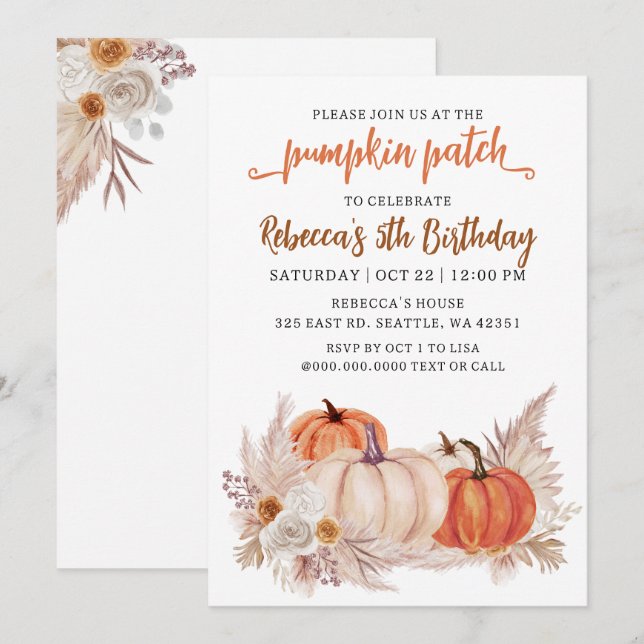 Rustic Pampas Orange Pumpkin Patch Fall Birthday Invitation (Front/Back)