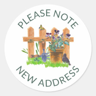 Rustic Pansies & Blackbird Watercolor New Address Classic Round Sticker