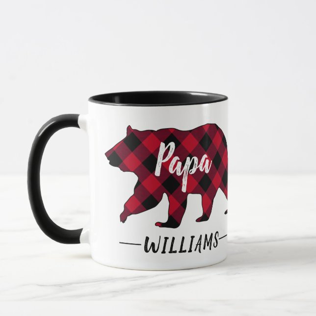 Rustic Papa Bear Monogram Name Red Buffalo Plaid Mug (Left)