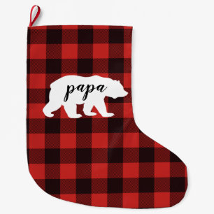 Rustic Papa Bear Red & Black Buffalo Plaid Large Christmas Stocking