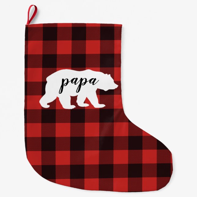 Rustic Papa Bear Red & Black Buffalo Plaid Large Christmas Stocking (Front)