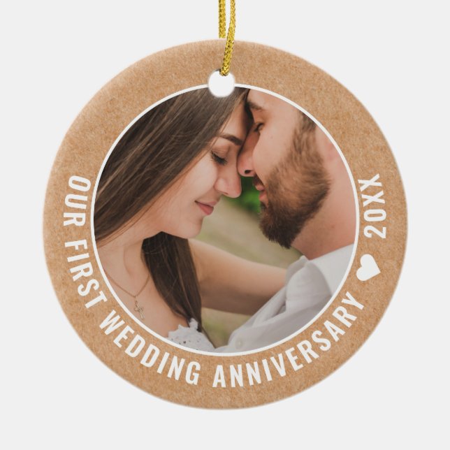 Rustic Paper 1st Wedding Anniversary Couple Photo  Ceramic Ornament (Front)