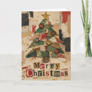 Rustic Paper Collage Christmas Tree Bottle Caps Holiday Card