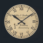 Rustic Paper Look 1st Wedding Anniversary Round Clock<br><div class="desc">The classic gift for the first anniversary is paper. With that in mind we have created this rustic faux stained modern first anniversary design with Roman numerals, your names and wedding date. Composite design by Holiday Hearts Designs (rights reserved). If you have any questions or need assistance with the design...</div>