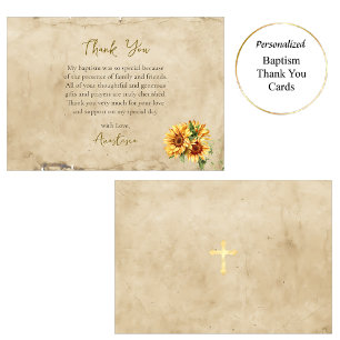 Rustic Parchment Sunflowers Orthodox Baptism Thank You Card