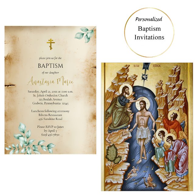 Rustic Parchment with Eucalyptus Orthodox Baptism Invitation (Creator Uploaded)