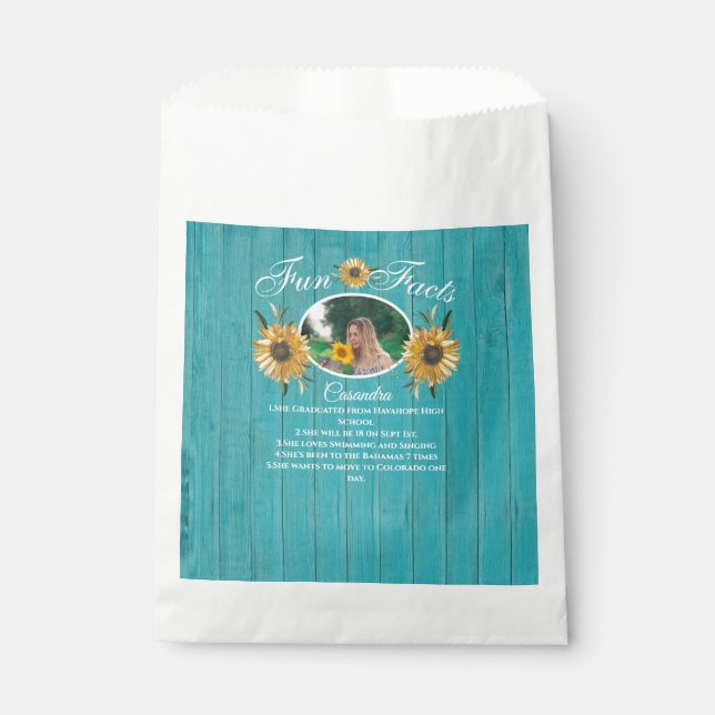 Rustic Party Fun Fact Sunflower Teal Wood Favour Bag (Front)