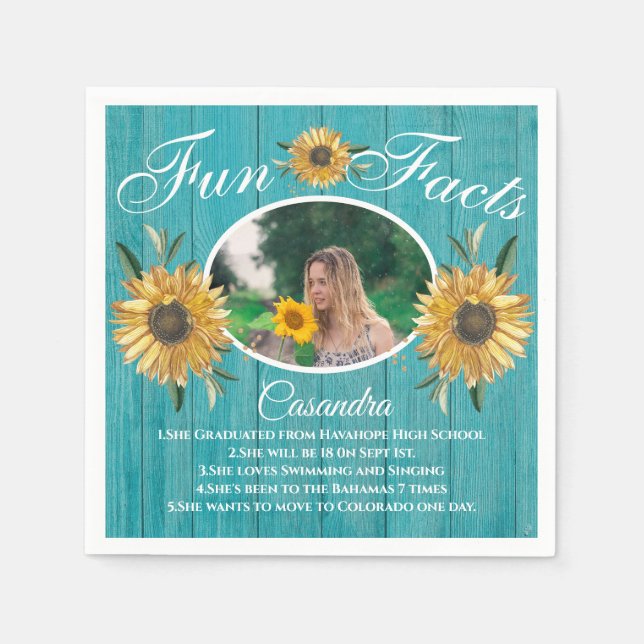 Rustic Party Fun Fact Sunflower Teal Wood  Napkins (Front)