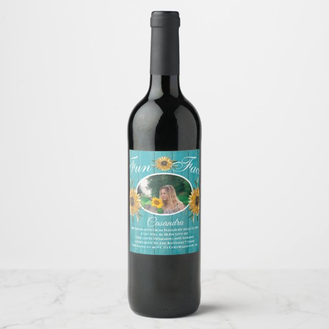 Rustic Party Fun Fact Sunflower Teal Wood Wine Label (Front)