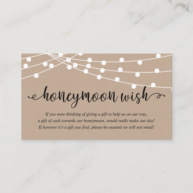 Rustic Party String Lights, Wedding Honeymoon Wish Enclosure Card (Front)