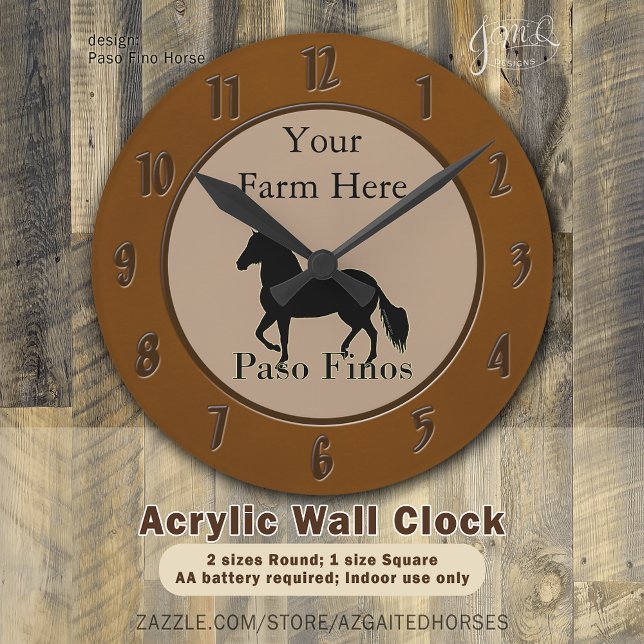 Rustic Paso Fino Horse Silhouette Personalized Round Clock (Rustic Paso Fino horse silhouette wall clock with custom farm name 🐎)