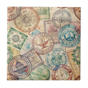 Rustic Passport Stamp Travel Pattern (1) Ceramic Tile