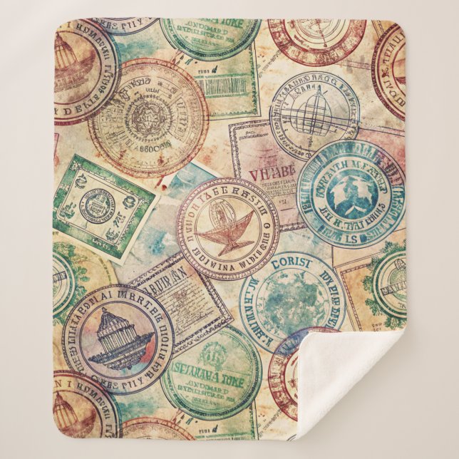 Rustic Passport Stamp Travel Pattern (1) Sherpa Blanket (Front)