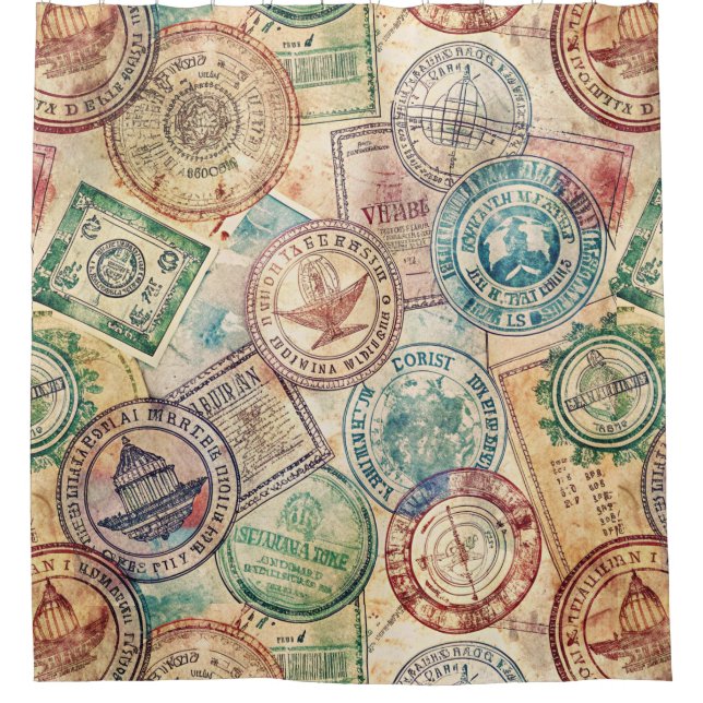 Rustic Passport Stamp Travel Pattern (1) Shower Curtain (Front)