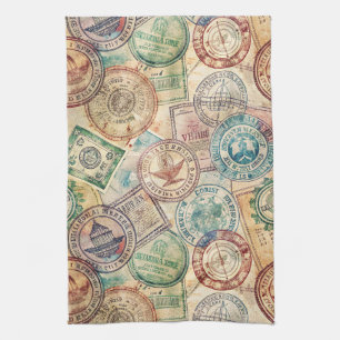 Rustic Passport Stamp Travel Pattern (1) Tea Towel