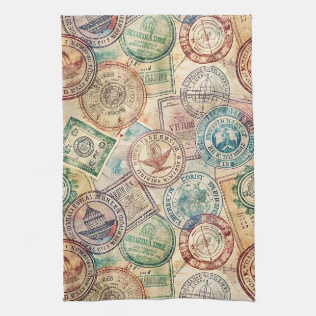 Rustic Passport Stamp Travel Pattern (1) Tea Towel (Vertical)