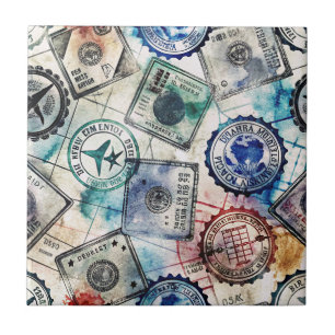 Rustic Passport Stamp Travel Pattern (2) Ceramic Tile