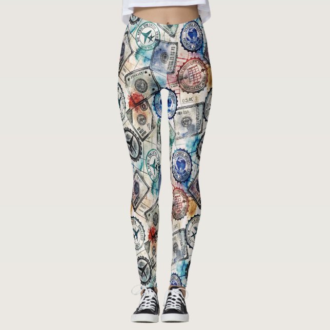 Rustic Passport Stamp Travel Pattern (2) Leggings (Front)