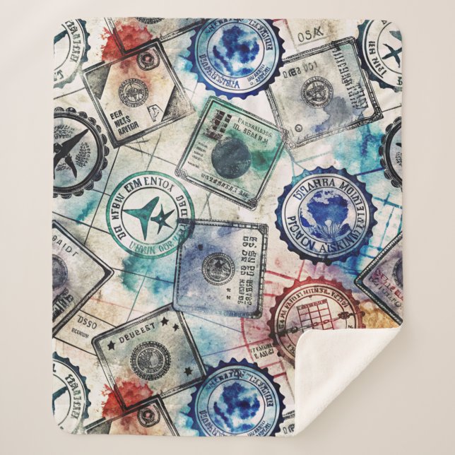 Rustic Passport Stamp Travel Pattern (2) Sherpa Blanket (Front)