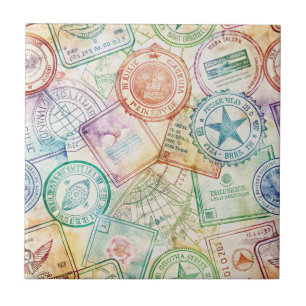 Rustic Passport Stamp Travel Pattern (3) Ceramic Tile