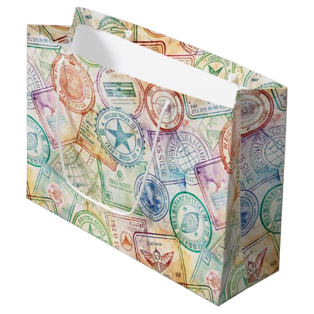 Rustic Passport Stamp Travel Pattern (3) Large Gift Bag (Front Angled)