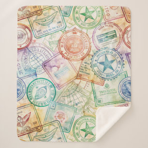 Rustic Passport Stamp Travel Pattern (3) Sherpa Blanket