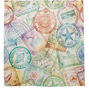 Rustic Passport Stamp Travel Pattern (3) Shower Curtain