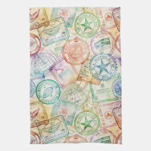 Rustic Passport Stamp Travel Pattern (3) Tea Towel