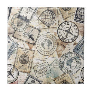 Rustic Passport Stamp Travel Pattern (4) Ceramic Tile