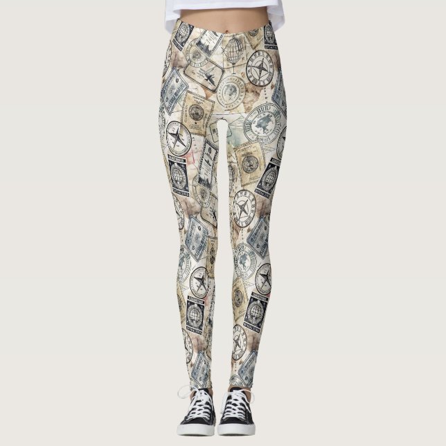 Rustic Passport Stamp Travel Pattern (4) Leggings (Front)